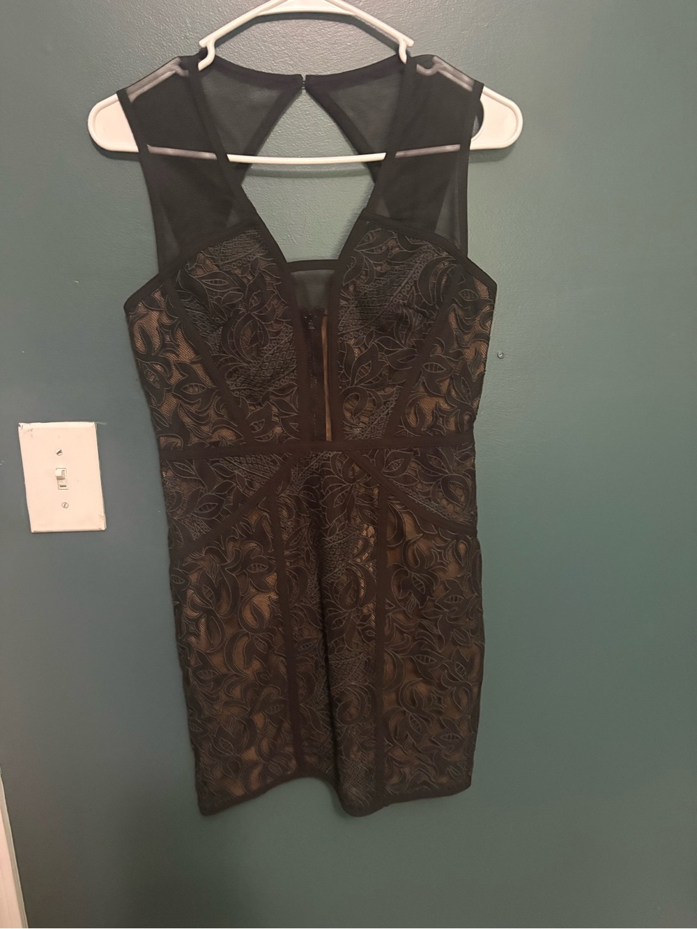 Sleeveless Black Lace Overlay Bodycon Dress BCBG Deep V sheer